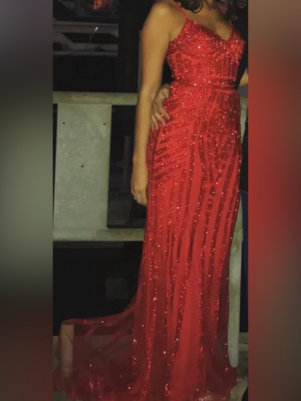 Red Beaded Spaghetti-Strap Evening Gown